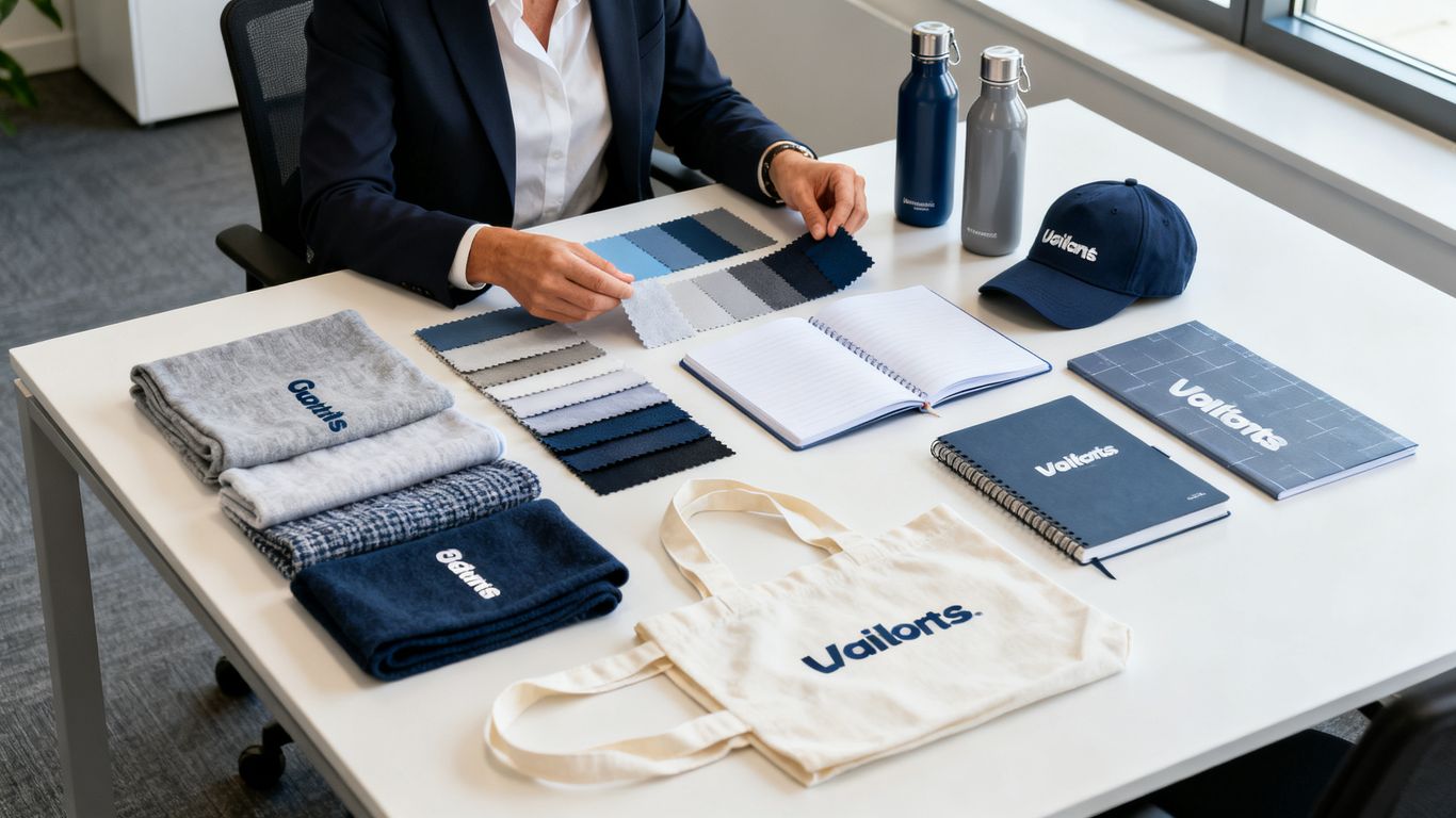 E-boutique goodies responsable achats — Catalogue de goodies alignés dans un espace professionnel