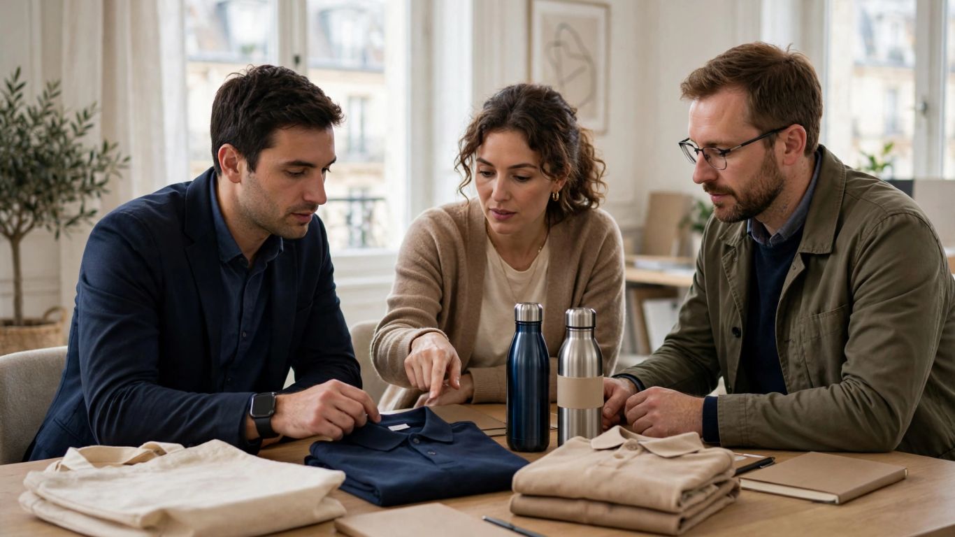 Harmonisation goodies réseau — Équipe comparant des produits personnalisés