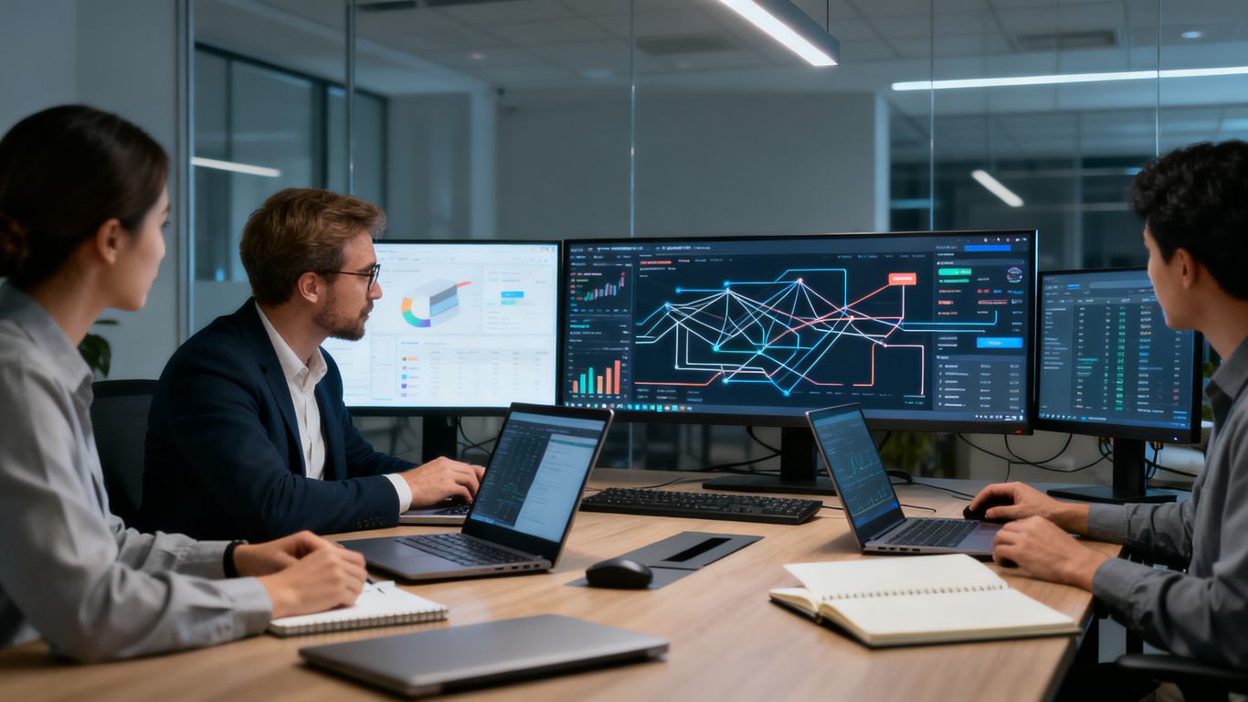 Équipe DSI analysant des flux e-commerce interconnectés