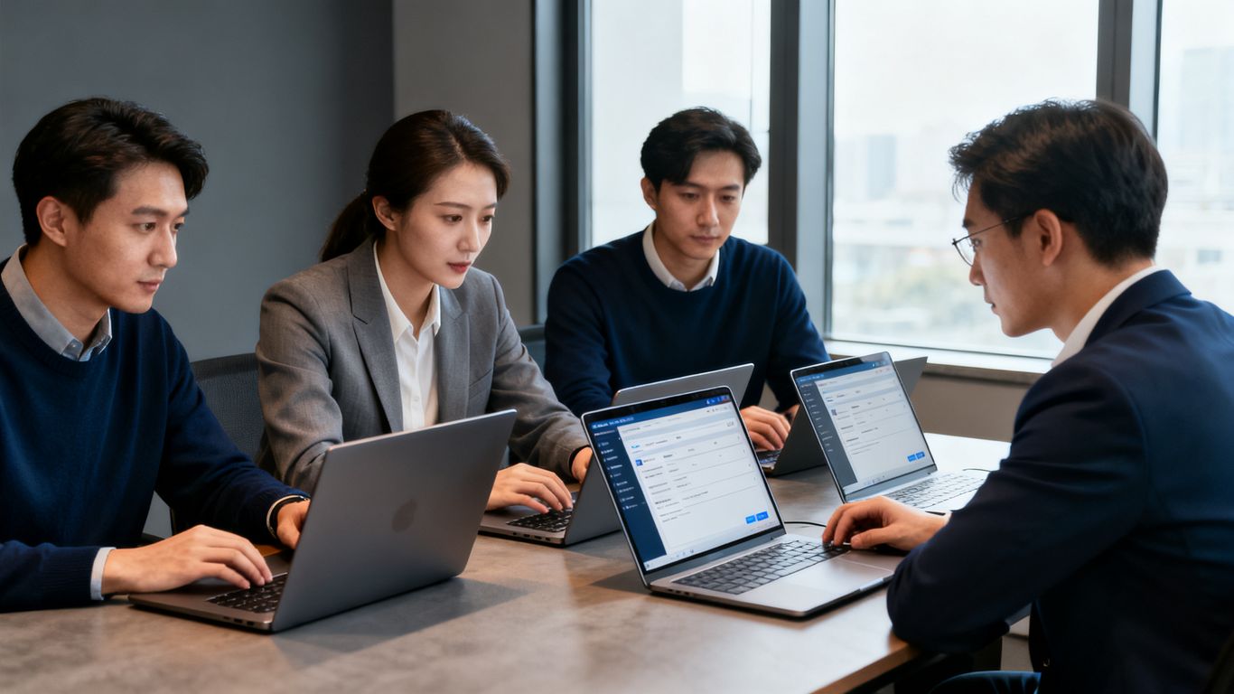 Boutique multi-profils réseau — Équipe réseau comparant des profils d’accès