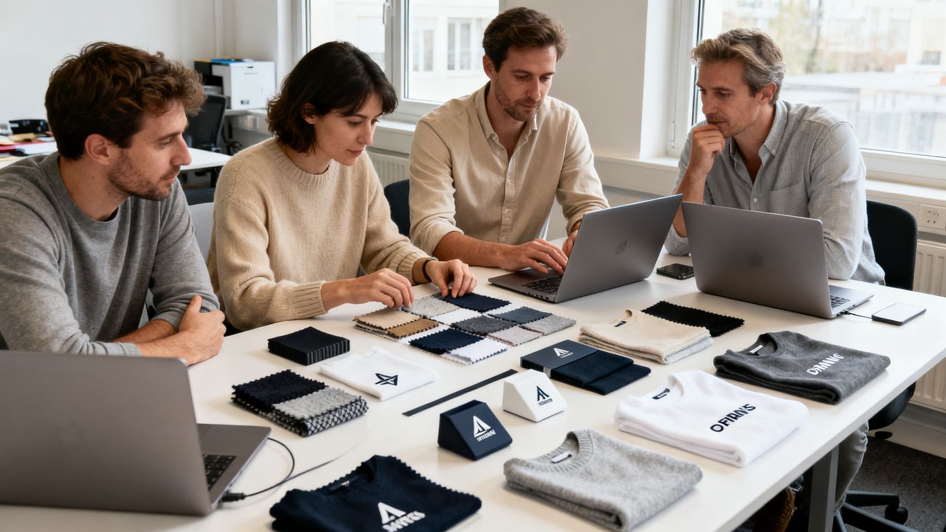 Commande goodies multi-sites — Équipe réseau examinant un catalogue de produits
