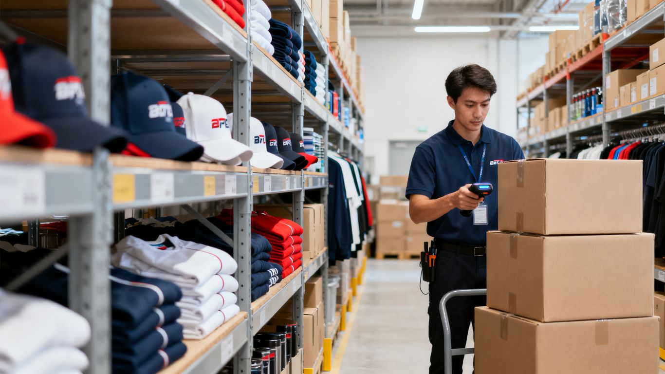 Prix boutique e-procurement goodies — Stock tampon de goodies dans un entrepôt professionnel